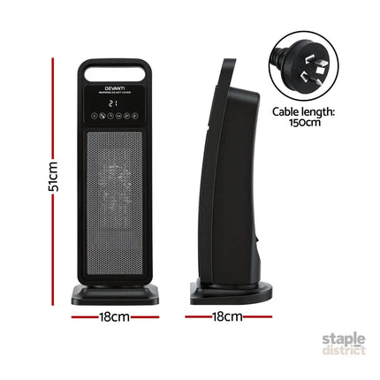 Devanti 2000W Ceramic Tower Heater Space Heaters Indoor Oscillating Black - Appliances > Heaters > Electric Heaters