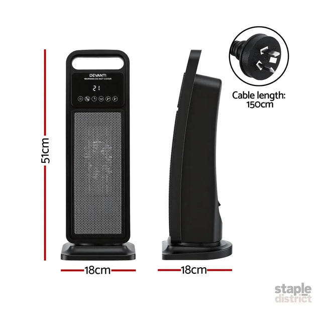 Devanti 2000W Ceramic Tower Heater Space Heaters Indoor Oscillating Black - Appliances > Heaters > Electric Heaters
