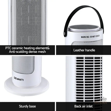 Devanti 2000W Ceramic Tower Heater Space Heaters Oscillating Indoor White - Appliances > Heaters > Electric Heaters