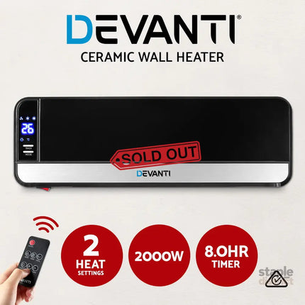 Devanti 2000W Wall Mounted Panel Heater - Black - Appliances > Heaters > Electric Heaters