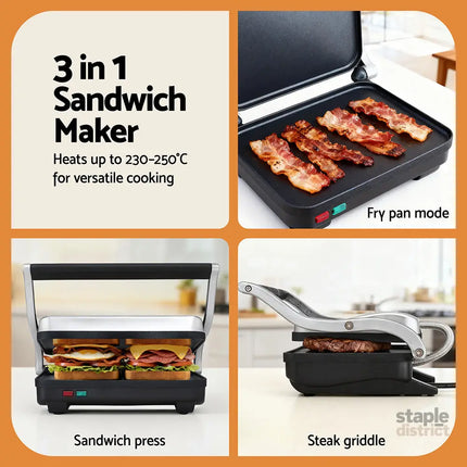 Devanti 3 in 1 Sandwich Maker Steak Press Grill 1000W - Appliances > Kitchen Appliances > Toasters & Grills