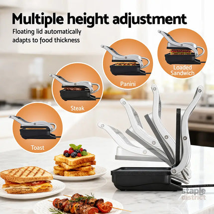 Devanti 3 in 1 Sandwich Maker Steak Press Grill 1000W - Appliances > Kitchen Appliances > Toasters & Grills