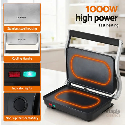 Devanti 3 in 1 Sandwich Maker Steak Press Grill 1000W - Appliances > Kitchen Appliances > Toasters & Grills