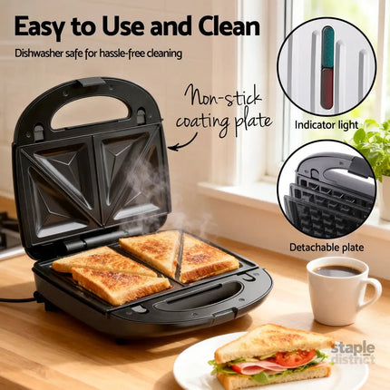 Devanti 3-in-1 Sandwich Press Waffle Maker Panini Press Grill 850W - Appliances > Kitchen Appliances > Toasters & Grills