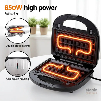 Devanti 3-in-1 Sandwich Press Waffle Maker Panini Press Grill 850W - Appliances > Kitchen Appliances > Toasters & Grills