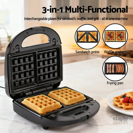 Devanti 3-in-1 Sandwich Press Waffle Maker Panini Press Grill 850W - Appliances > Kitchen Appliances > Toasters & Grills