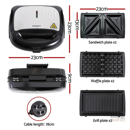 Devanti 3-in-1 Sandwich Press Waffle Maker Panini Press Grill 850W - Appliances > Kitchen Appliances > Toasters & Grills