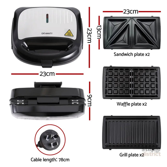Devanti 3-in-1 Sandwich Press Waffle Maker Panini Press Grill 850W - Appliances > Kitchen Appliances > Toasters & Grills