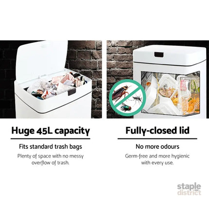 Devanti 45L Motion Sensor Bin Rubbish Automatic White - Home & Garden > Kitchen Bins > Automatic Bins