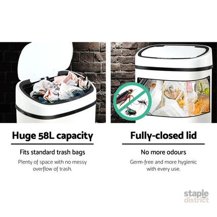 Devanti 58L Motion Sensor Bin Rubbish Automatic White - Home & Garden > Kitchen Bins > Automatic Bins