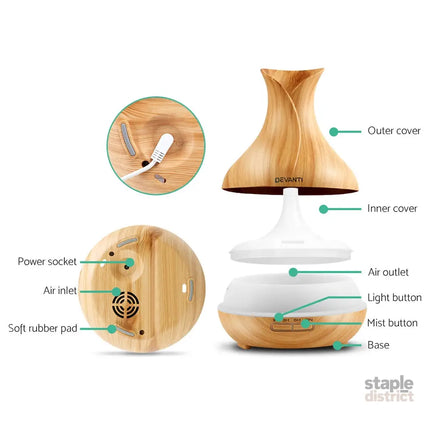 Devanti Aroma Diffuser Aromatherapy Light Wood 400ml - Appliances > Aroma Diffusers & Humidifiers > Aroma Diffusers