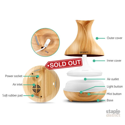 Devanti Aroma Diffuser Aromatherapy Light Wood 400ml - Appliances > Aroma Diffusers & Humidifiers > Aroma Diffusers