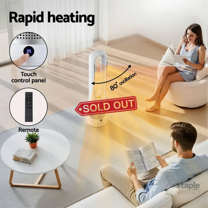 Devanti Bladeless Tower Fan Heater and Cooler 2in1 Portable Oscillation Fan for Bedroom Room Office Use White