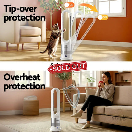 Devanti Bladeless Tower Fan Heater and Cooler 2in1 Portable Oscillation Fan for Bedroom Room Office Use White
