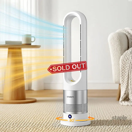 Devanti Bladeless Tower Fan Heater and Cooler 2in1 Portable Oscillation Fan for Bedroom Room Office Use White