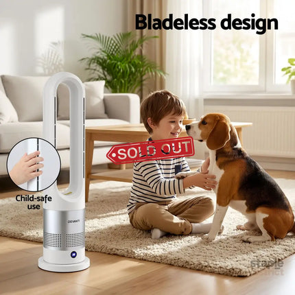 Devanti Bladeless Tower Fan Heater and Cooler 2in1 Portable Oscillation Fan for Bedroom Room Office Use White