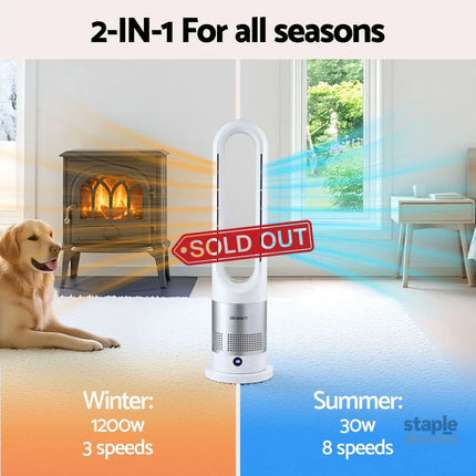 Devanti Bladeless Tower Fan Heater and Cooler 2in1 Portable Oscillation Fan for Bedroom Room Office Use White