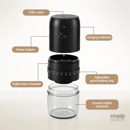 Devanti Electric Coffee Grinder USB-C Rechargeable Portable Coffee Bean Grinder with 40 Precise Grind Settings