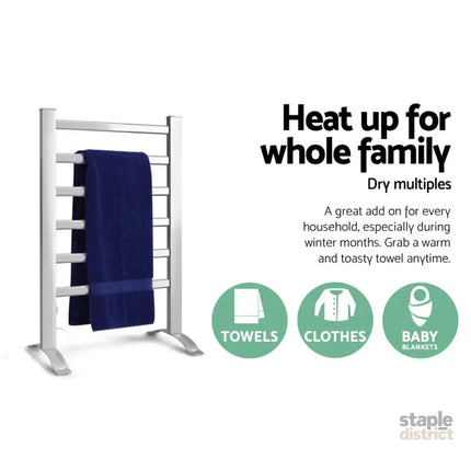 Devanti Electric Heated Towel Rail Rack 6 Bars Freestanding Clothes Dry Warmer - Home & Garden > Laundry & Cleaning >