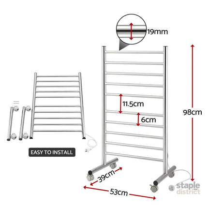 Devanti 10-Bar Freestanding Heated Towel Rail 3-5 Mins Fast Heating Electric Towel Warmer for Bathroom Winter Drying