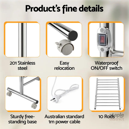 Devanti 10-Bar Freestanding Heated Towel Rail 3-5 Mins Fast Heating Electric Towel Warmer for Bathroom Winter Drying