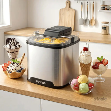 Devanti Ice Cream Maker Machine 2L Homemade Gelato Sorbet Frozen Drinks Sliver - Appliances > Kitchen Appliances > Ice