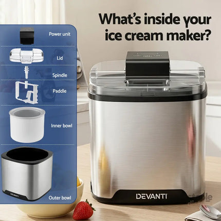 Devanti Ice Cream Maker Machine 2L Homemade Gelato Sorbet Frozen Drinks Sliver - Appliances > Kitchen Appliances > Ice