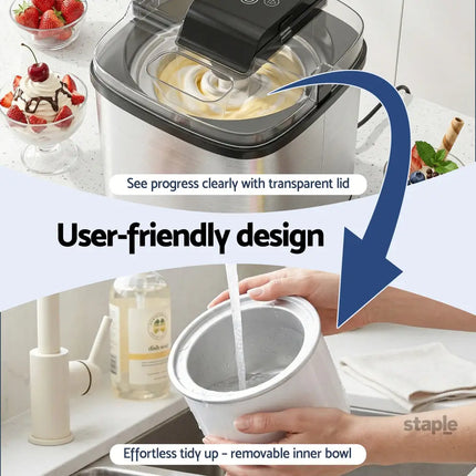 Devanti Ice Cream Maker Machine 2L Homemade Gelato Sorbet Frozen Drinks Sliver - Appliances > Kitchen Appliances > Ice