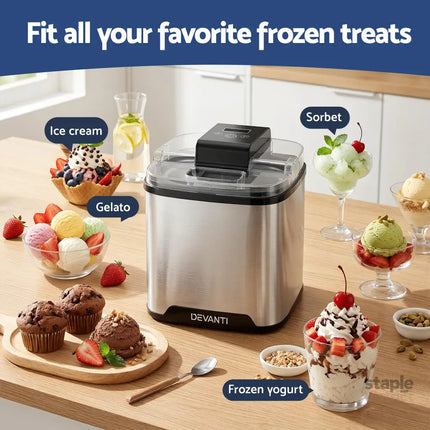 Devanti Ice Cream Maker Machine 2L Homemade Gelato Sorbet Frozen Drinks Sliver - Appliances > Kitchen Appliances > Ice