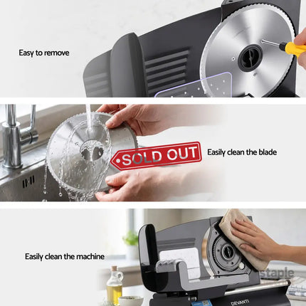 Devanti Meat Slicer Bread Vegetable 200W Power 0-15mm Adjustable Easy Clean Stable Stainless Steel Blade Food Slicer
