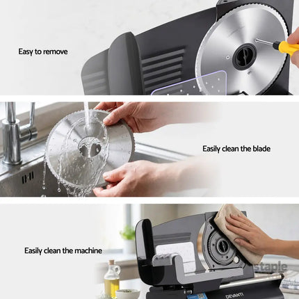 Devanti Meat Slicer Bread Vegetable 200W Power 0-15mm Adjustable Easy Clean Stable Stainless Steel Blade Food Slicer