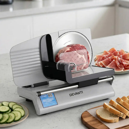 Devanti Meat Slicer Bread Vegetable 200W Power 0-15mm Adjustable Easy Clean Stable Stainless Steel Blade Food Slicer