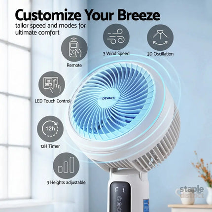Devanti Pedestal Fan W/ Remote 3 Speed 12H Timer Height Adjustable Cooling Fan - Appliances > Fans > Portable Fans