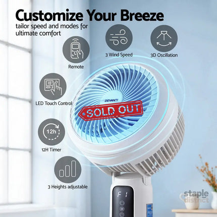 Devanti Pedestal Fan W/ Remote 3 Speed 12H Timer Height Adjustable Cooling Fan - Appliances > Fans > Portable Fans
