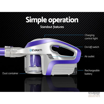 Devanti Stick Vacuum Cleaner Bagless Cordless 150W Purple - Appliances > Vacuum Cleaners > Stick Vacuums