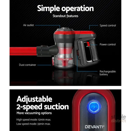 Devanti Stick Vacuum Cleaner Brushless Cordless 250W Red - Appliances > Vacuum Cleaners > Stick Vacuums