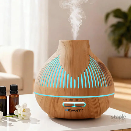 Devanti Ultrasonic Aroma Diffuser Aromatherapy 400ml LED Lights Iron Humidifier Forest Light wood grain - Appliances >