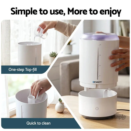 Devanti Ultrasonic Humidifier Aroma Diffuser Top Fill Quiet Bedroom 4L White - Appliances > Aroma Diffusers &
