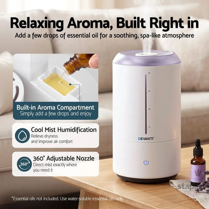 Devanti Ultrasonic Humidifier Aroma Diffuser Top Fill Quiet Bedroom 4L White - Appliances > Aroma Diffusers &