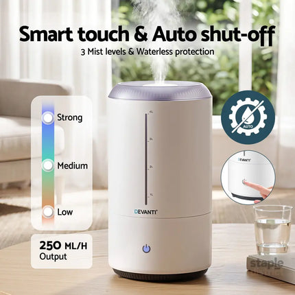 Devanti Ultrasonic Humidifier Aroma Diffuser Top Fill Quiet Bedroom 4L White - Appliances > Aroma Diffusers &