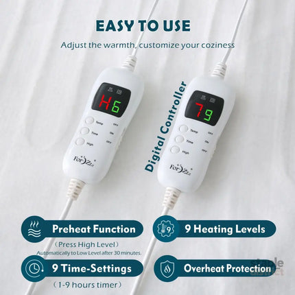 Electric Heated Mattress Pad Blanket with Dual Control & 9-Hour Auto Off & 9 Heat Settings Preheat Functions Overheat