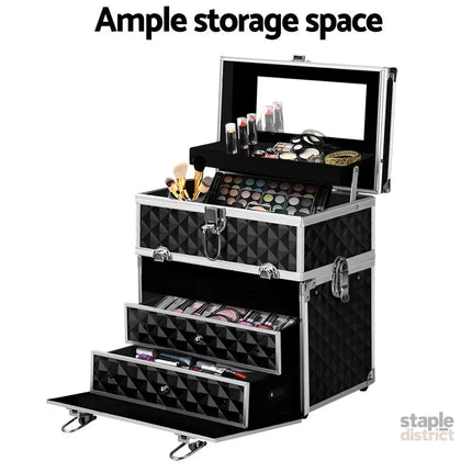 Embellir Portable Cosmetic Beauty Makeup Carry Case with Mirror - Diamond Black - Health & Beauty > Cosmetic Storage >