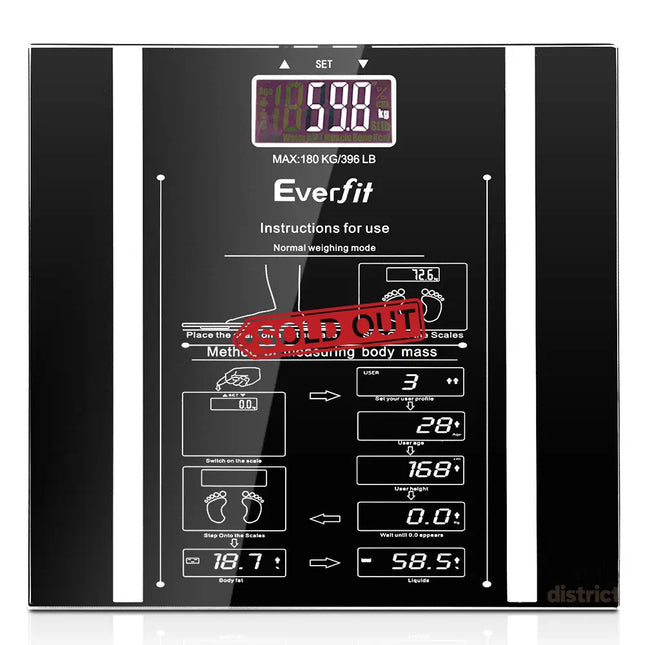 Everfit Body Fat Bathroom Scale Weighing Water Body Fat Gym 180KG - Home & Garden > Scales > Bathroom Scales