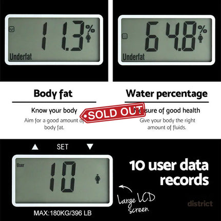Everfit Body Fat Bathroom Scale Weighing Water Body Fat Gym 180KG - Home & Garden > Scales > Bathroom Scales