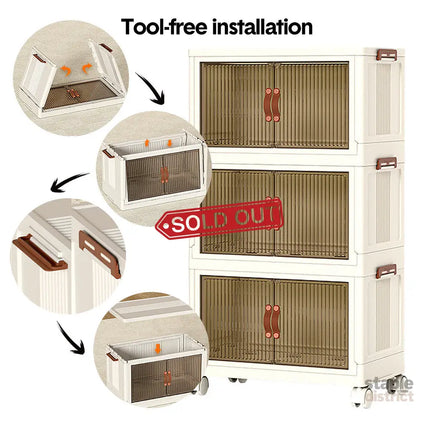 Foldable Storage Cabinet Stackable Bins Household Plastic Closet Multi-purpose Organizer Doors and Top Lid 2 Way