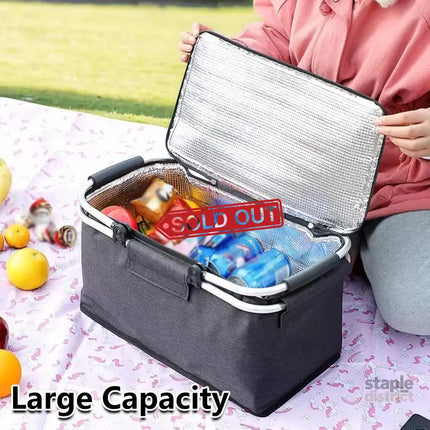 Folding Picnic Basket Insulated Cooler Bag Portable Outdoor Grocery Storage - Black - Outdoor Recreation > Iceboxes &