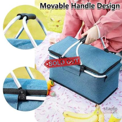 Folding Picnic Basket Insulated Cooler Bag Portable Outdoor Grocery Storage - Black - Outdoor Recreation > Iceboxes &