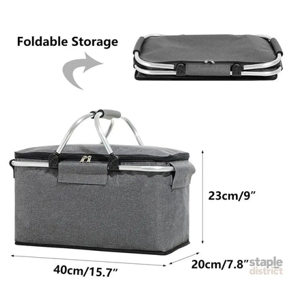 Folding Picnic Basket Insulated Cooler Bag Portable Outdoor Grocery Storage - Grey - Outdoor Recreation > Iceboxes &