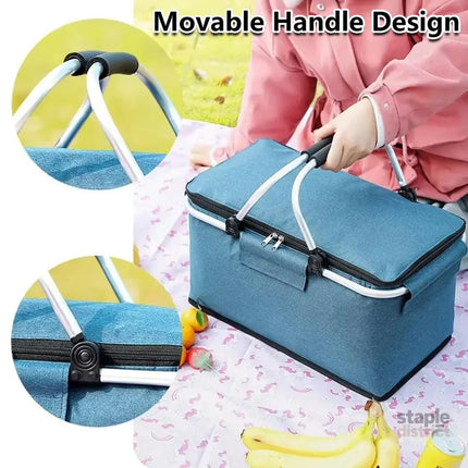 Folding Picnic Basket Insulated Cooler Bag Portable Outdoor Grocery Storage - Grey - Outdoor Recreation > Iceboxes &