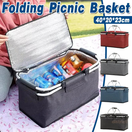 Folding Picnic Basket Insulated Cooler Bag Portable Outdoor Grocery Storage - Grey - Outdoor Recreation > Iceboxes &